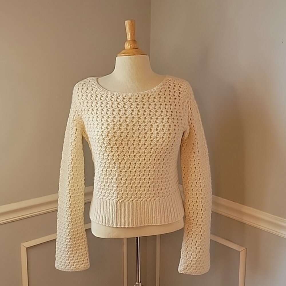 BANANA REPUBLIC Wool Angora Blend Open Knit Cropped Boat Neck Nautical Sweater M